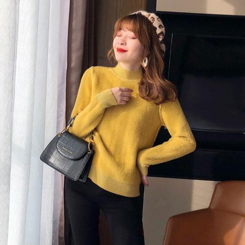 Fleece thickened bottoming shirt women's autumn and winter imitation mink fleece sweater integrated fleece semi-turtleneck knitted sweater with warm