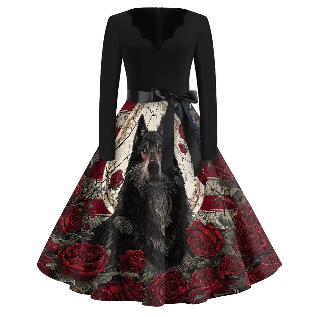 Womens Casual Vintage V Neck Dress Halloween Print Long Sleeve Fit Flare Dress with Bow Waistband Retro Style