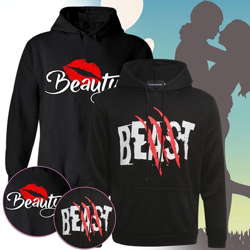

Beast & Beauty Couple Print Hooded Sweatshirt, Long Sleeve 2XL