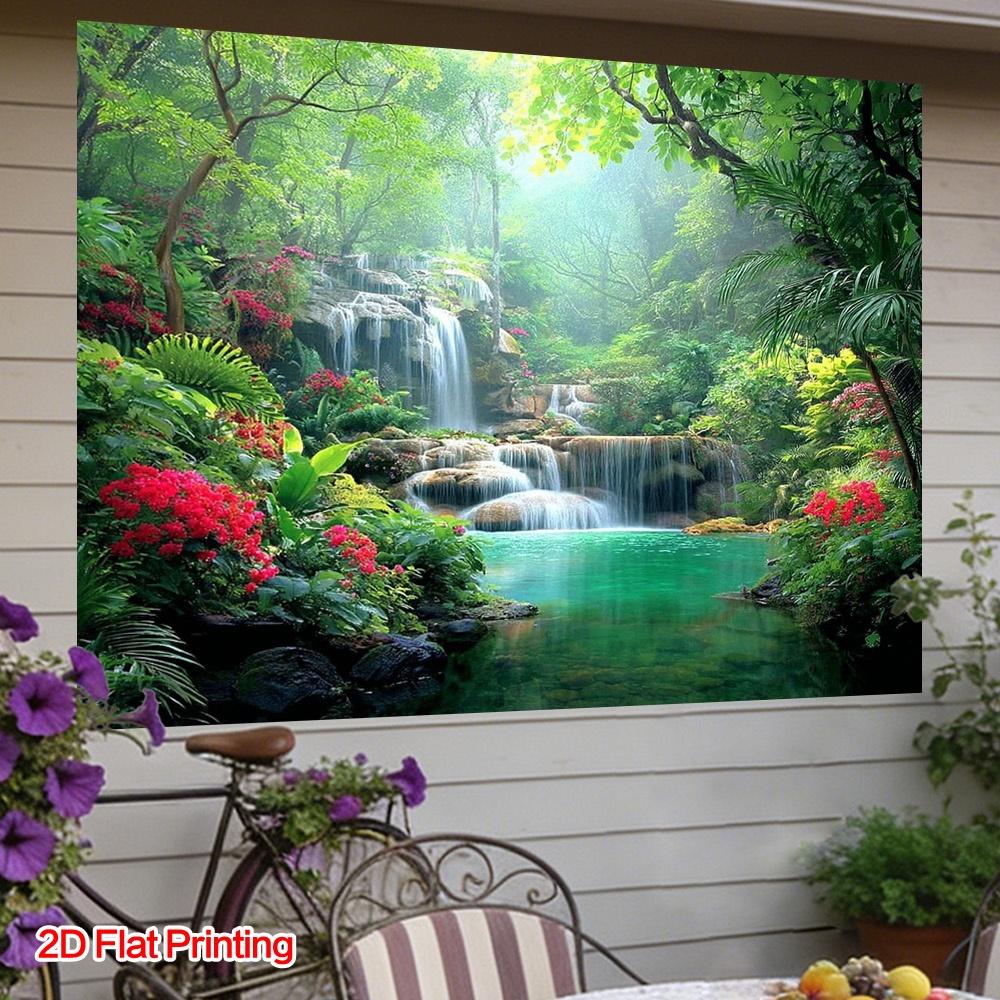 (2D Plane) 1 Piece - A Plump Tropical Forest Waterfall Photography Backdrop Fabric  Made of Polyester  Suitable for Gardens