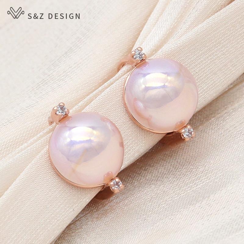 Mote Runde Simulert-perle Dråpeøreringer For Kvinner Bryllup Rose Gull Farge Cubic Zirconia Smykker Eardrop