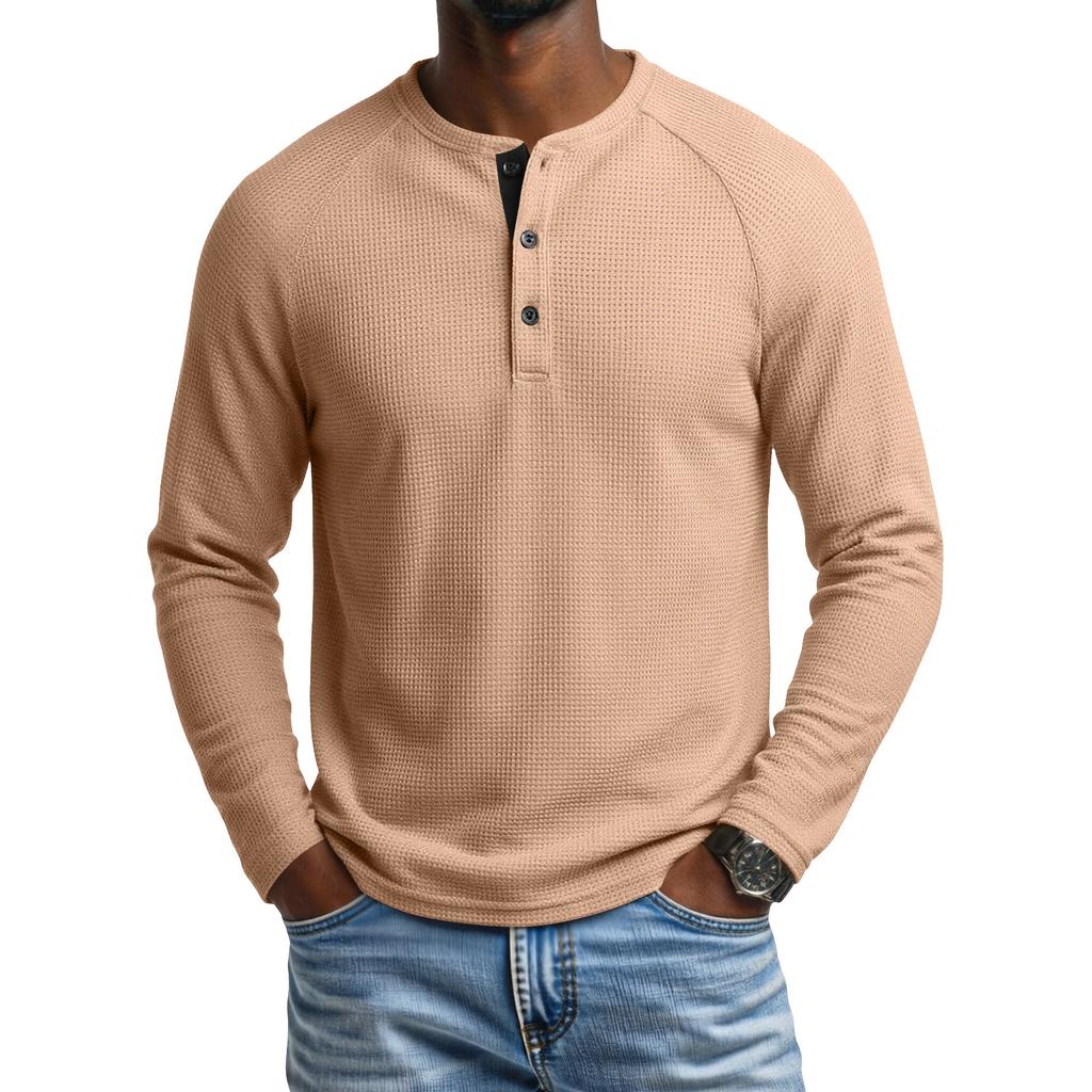 Men's Round Neck Long Sleeve Raglan T-Shirt with Button Placket for Casual Athletic Everyday Wear