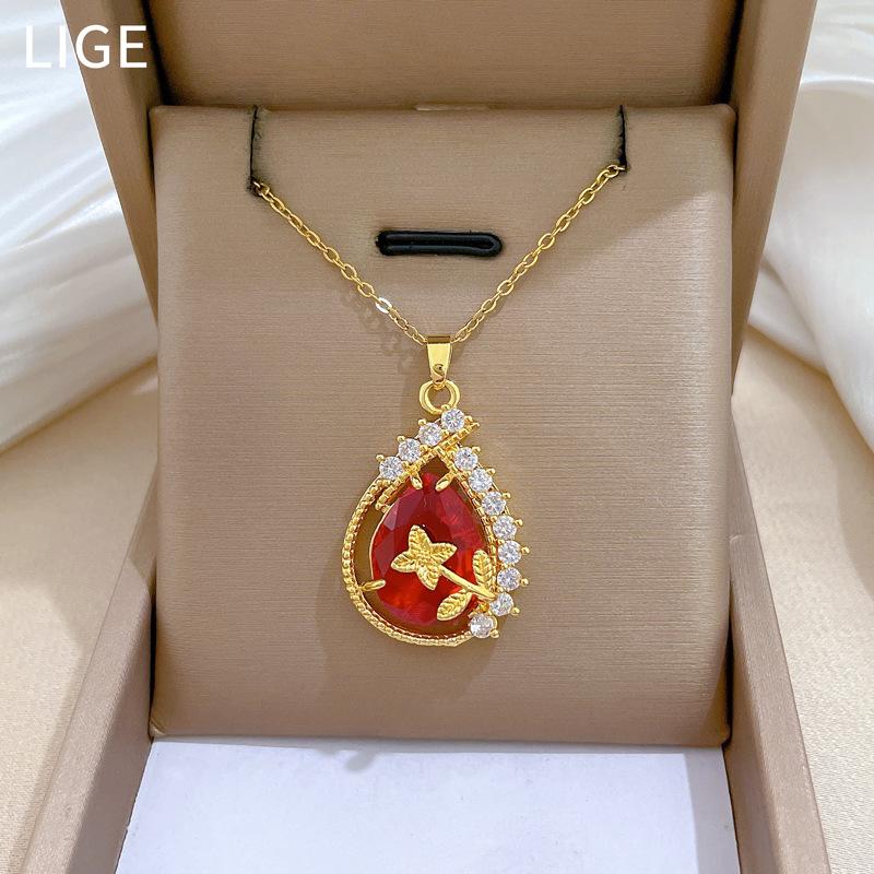 Antique Water Drop Full Diamond Fashion Light Luxury Temperament Gorgeous Full Diamond Necklace Female Versatile Collarbone Chain Titanium Steel