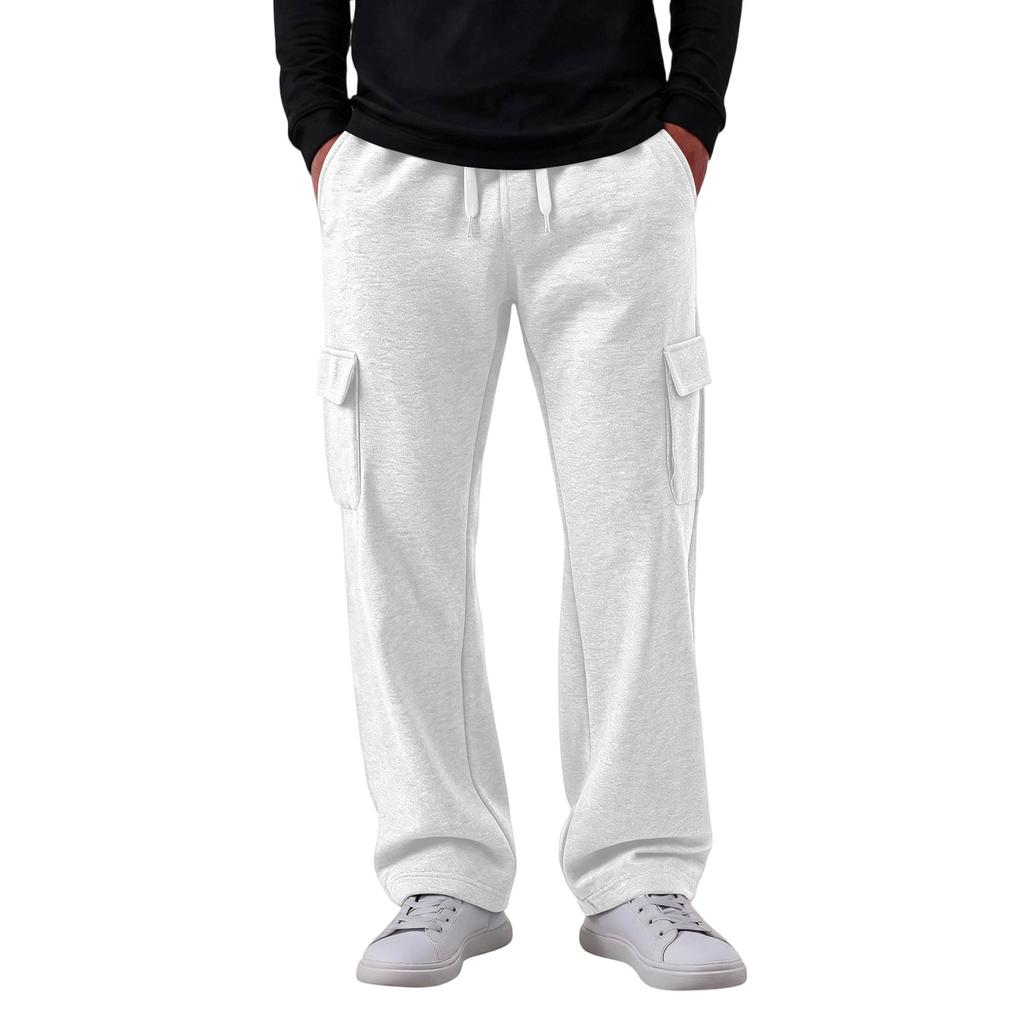 Men's Casual Cargo Pants with 4 Pockets, Elastic Waist with Drawstring, Loose Fit Straight Leg Pants for Everyday Wear