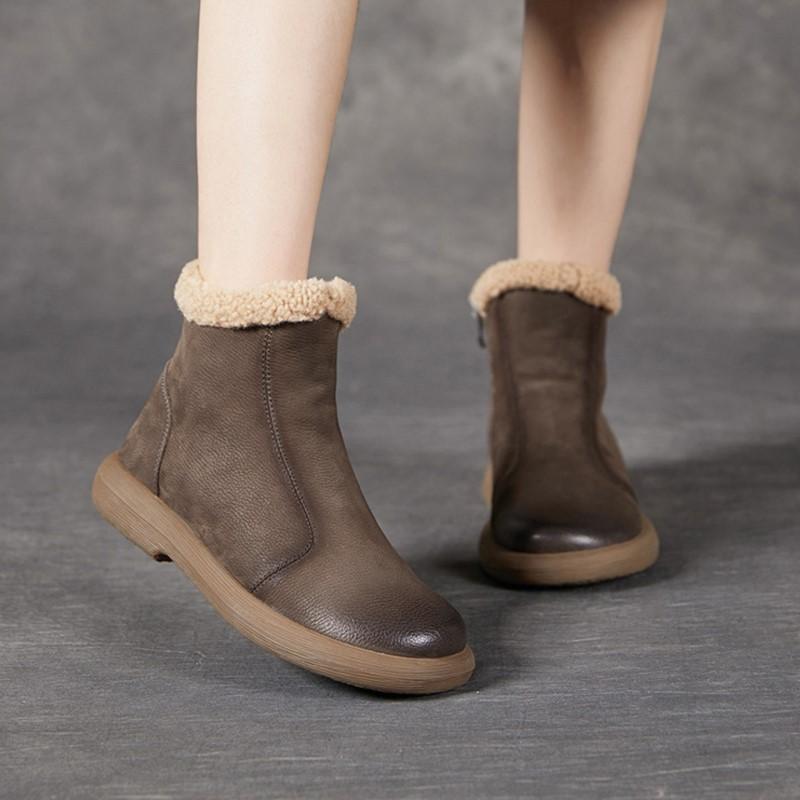 Johnature Genuine Leather Plush Warm Ankle Boots Round Toe Soft Soled Versatile Women's Cotton Boots