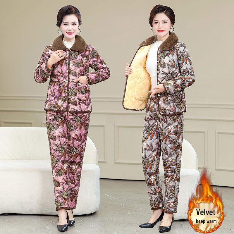 Velvet-Lined Winter Cotton Coat & Pants Set for Moms