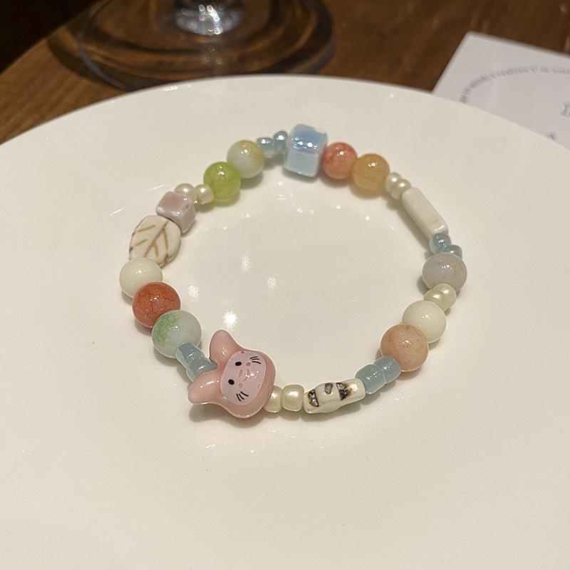 Macaron Color Cute Rabbit Bracelet for Women - Ceramic Beaded Bestie Bracelet, Fade-Resistant