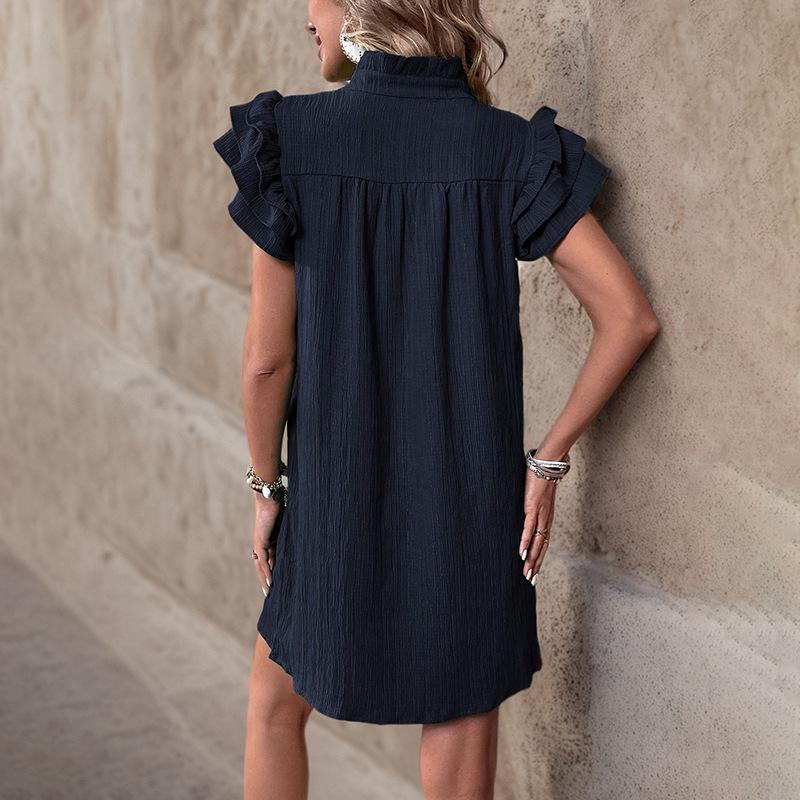 Summer Style Loose Straight Dress - Casual Vacation Stand Collar Solid Color European and American Fashion