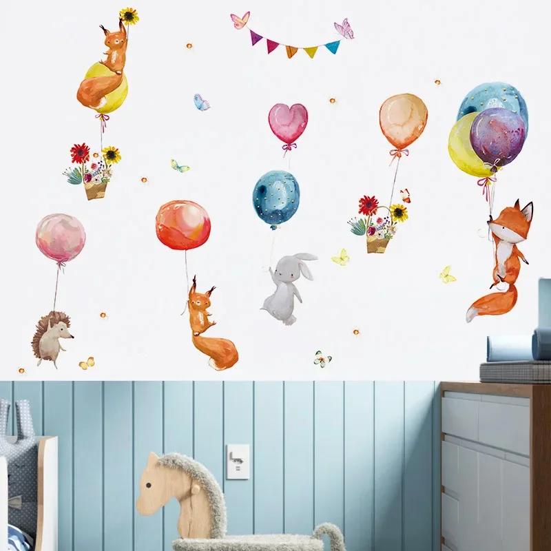 Cartoon Colorful Balloons Animals Wall Stickers for Kids Room Baby Nursery Room Decoration Wall Decals PVC Fox Bunny Stickers