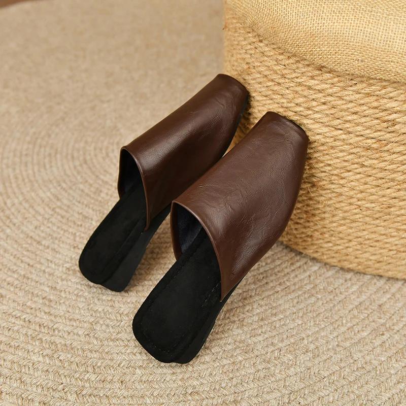 

Fashion French Square Toe Slippers Summer 2025 New Baotou Flat Outside Wear Lazy Slip Fish Mouth Mules 35