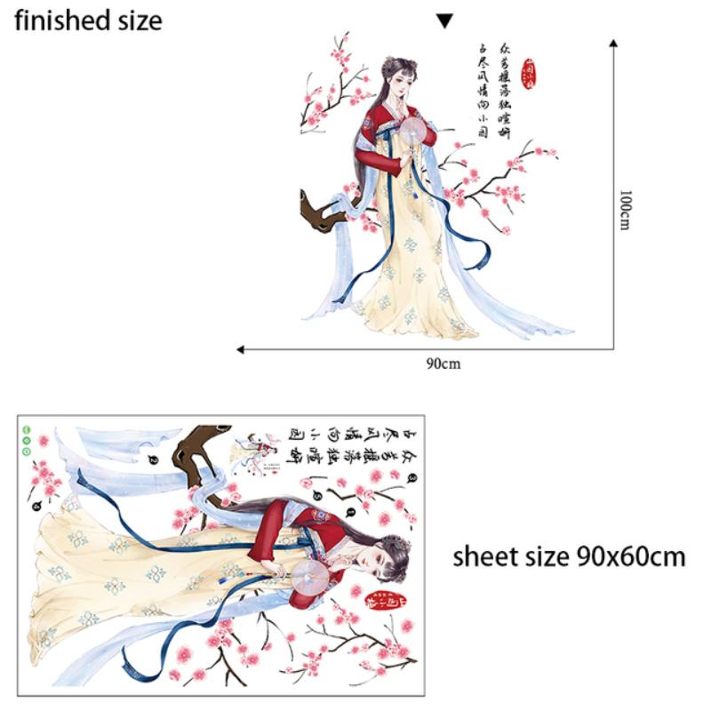 Ancient Chinese Hanfu Beauty Poem Window Wall Stickers Peach Plum Blossom Pear Flowers Home Decor Murals