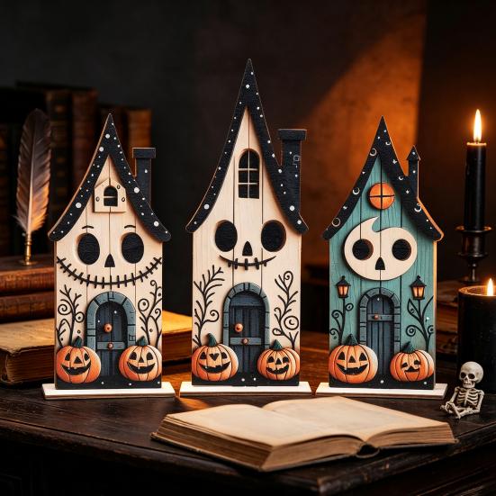 Durable Solid Wood Decor 3Pcs Halloween Ghost Pumpkin House Ornaments, 2D Flat Wooden Tabletop Decorations Office Desk Holiday Decoration for