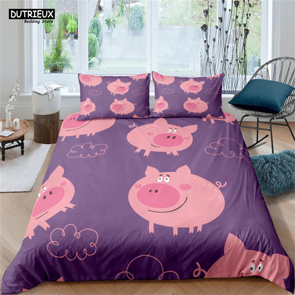 Cartoon Lovely Pig Duvet Cover Set Kawaii Animal Bedding Set King Microfiber Farmhouse Wildlife Theme Comforter Cover Pillowcase