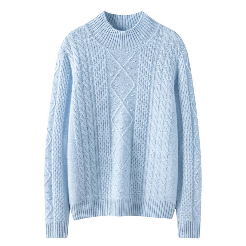 Women's Thickened Cashmere Half-High Neck Diamond Cable Knit Sweater - Long Sleeve Solid Color Pullover