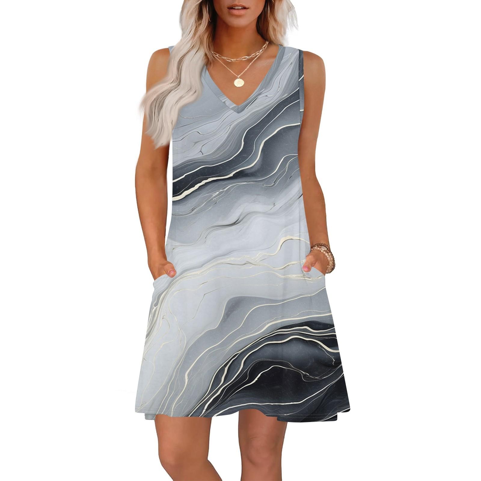 

Женские летние платья свободного кроя с принтом V-образным вырезом без рукавов сарафаны пляжное гавайское платье с карманами XL