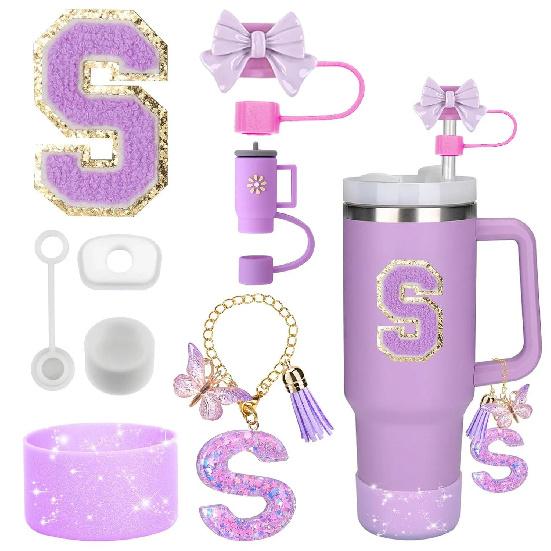 8PCS Accessories Set for Stanley Cup Purple 30oz 40oz Tumbler Silicone Straw Topper Cover Cap Boot Handle Charm Initials Sticker Cup Holders 5