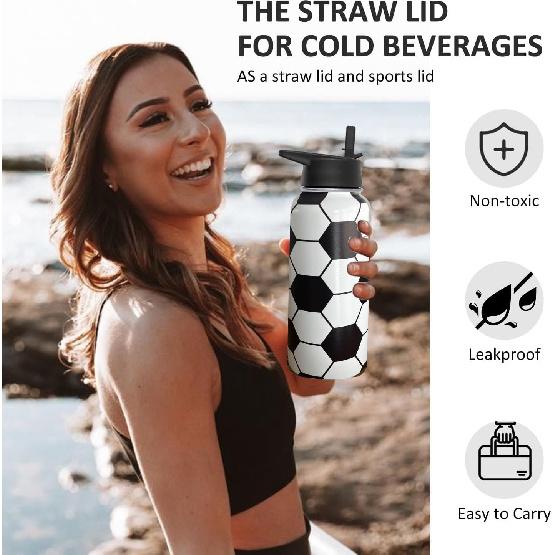 32oz Soccer Water Bottle Insulated Vacuum Stainless Steel Tumbler Travel Mugs With Straw for Gym Camping Hiking