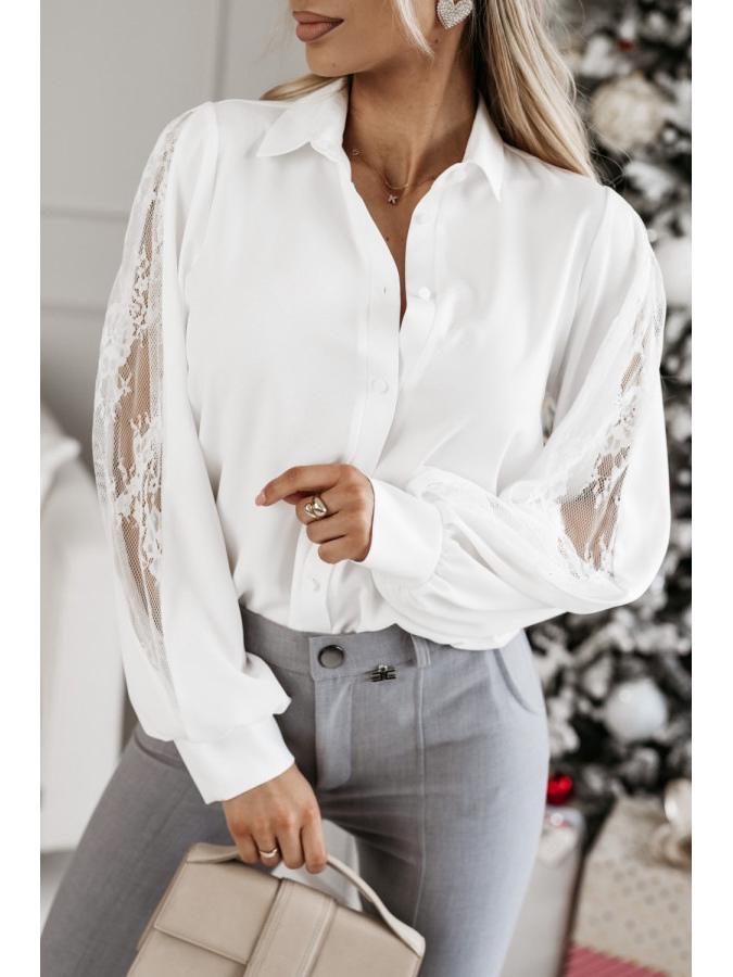 2025 Spring Women's Long-Sleeve Lace Patchwork Blouse with Turn-Down Collar