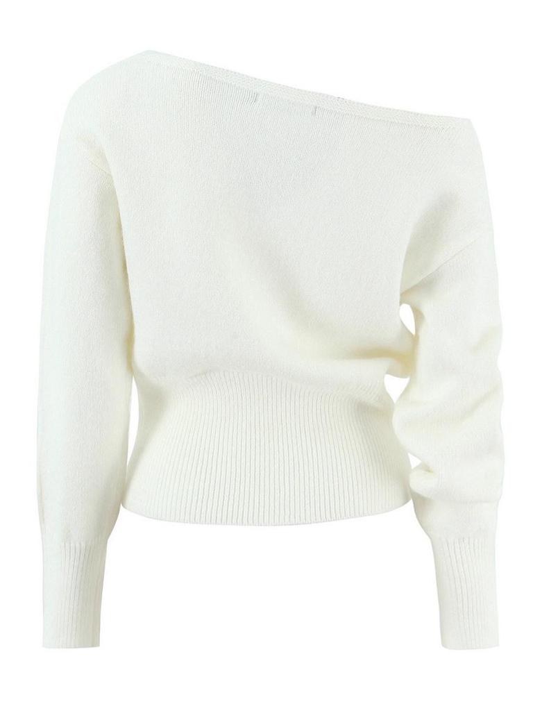 Women's Sexy Off-the-Shoulder Slimming Knit Sweater – Versatile Solid Color Cold Shoulder Top