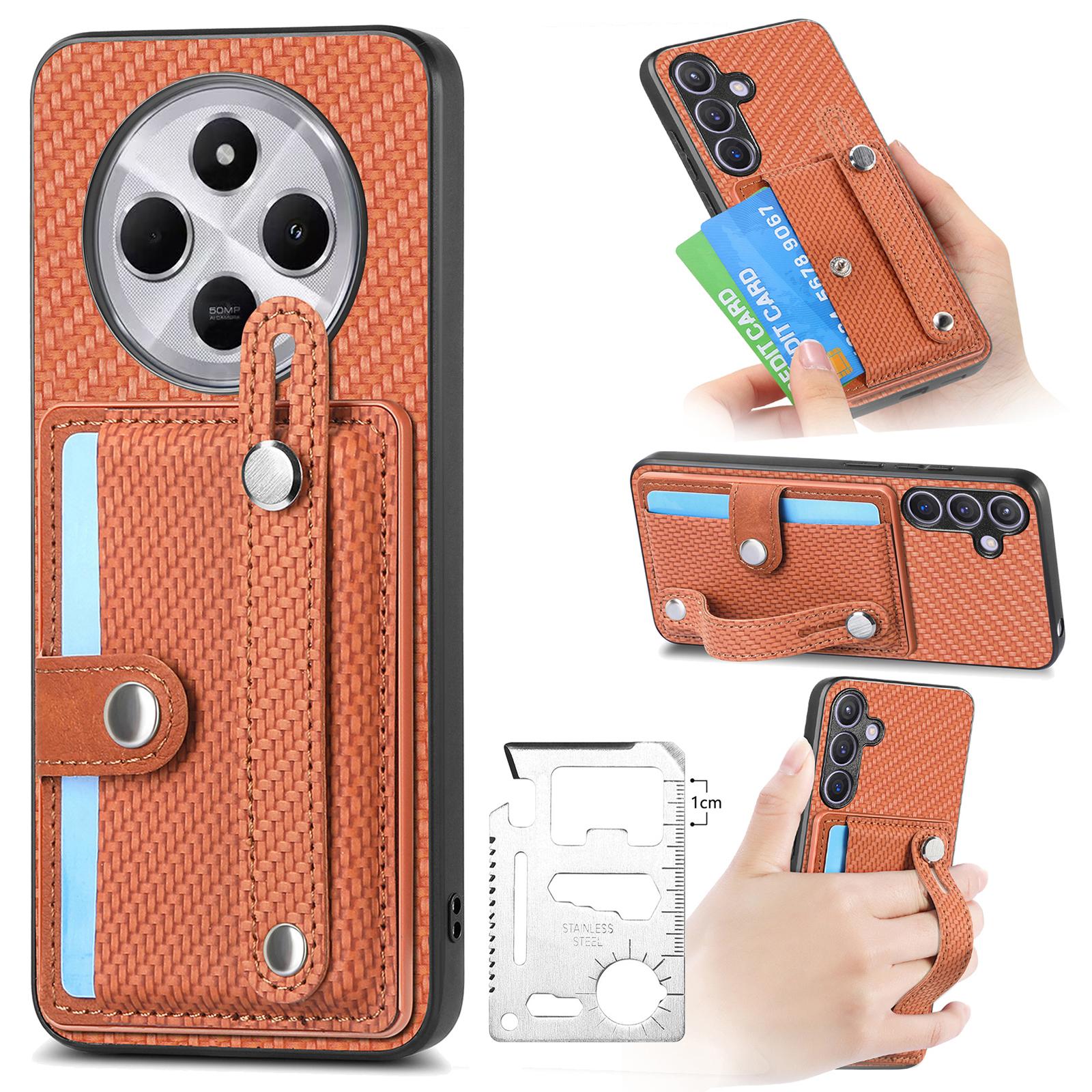 

Phone Case For Xiaomi Redmi 14C 4G/14R 5G/Poco C75 4G Wristband Anti-Drop Leather Back Cover Card Holder Brown