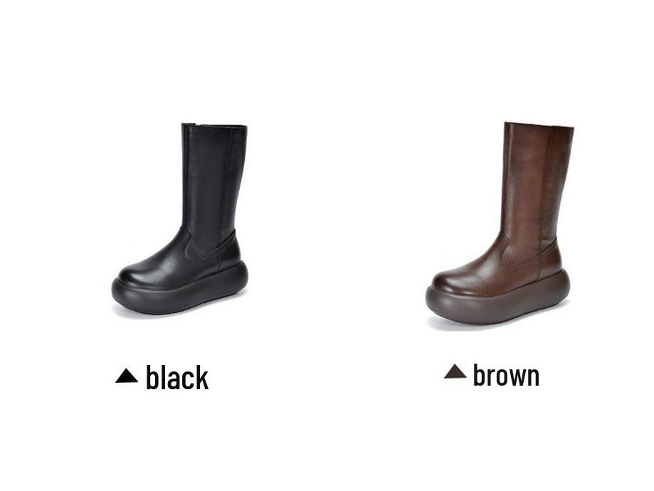 Stivali Alti da Donna Vintage in Pelle con Punta Tonda, Suola Spessa e Zip Laterale - Edizione Autunno/Inverno 2025.