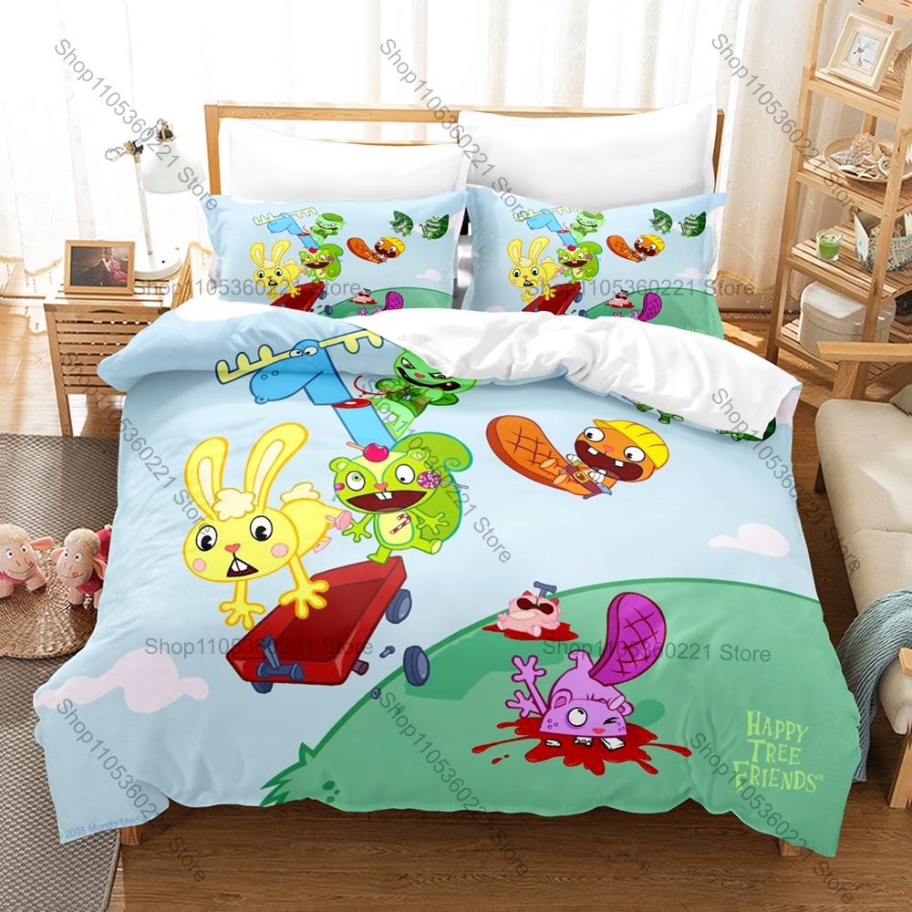 Happy Tree Friends Bedding Set 3PCS Cartoon Kpop Printed Duvet Cover Pillowcase Bedroom Decor Twin Full Queen King Size 2026