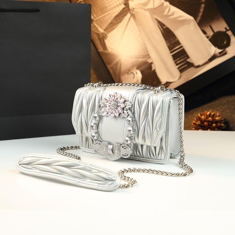 Diamond-Encrusted Rhombus Chain Bag, Genuine Leather, High-Value Light Luxury Handbag, Messenger Women'S Bag, French Tide