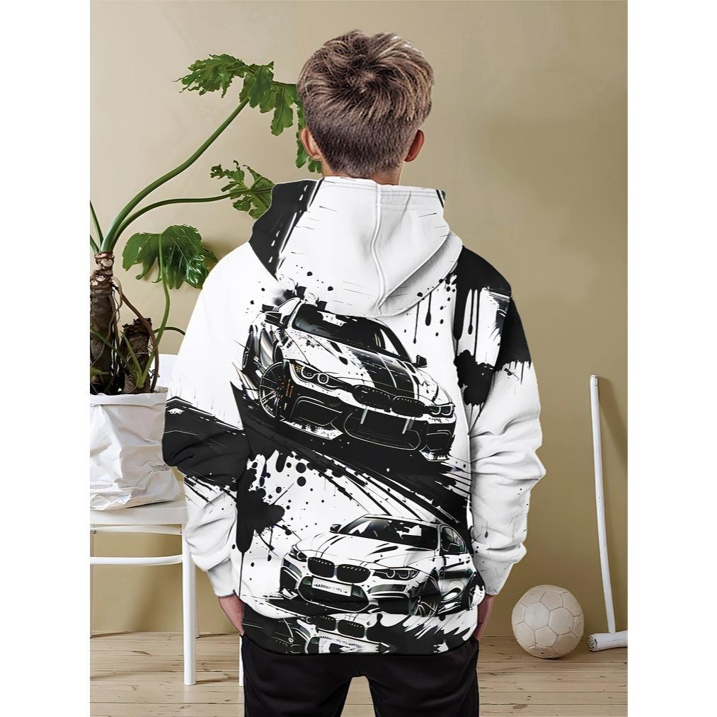 Boys' Casual Hoodie, Cool Car Print - Long Sleeves, Perfect Choice for Spring and Autumn Seasons, Loose Fit