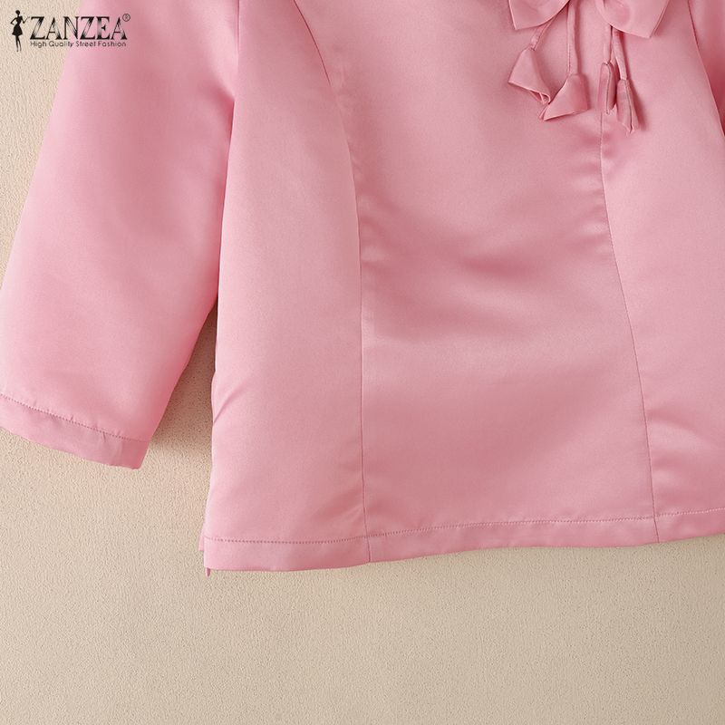 ZANZEA Women Casual Round Neck 3/4 Sleeve Loose Satin Blouse