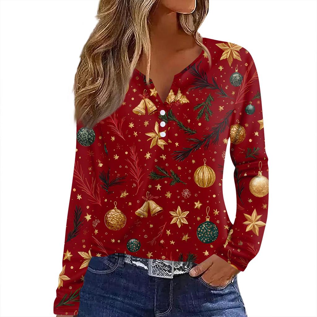 Damen T-Shirt mit Weihnachtsdruck, Knopfleiste, lange Ärmel, für den Alltag, Wochenende, modisch, Basic, V-Ausschnitt, normales Oberteil