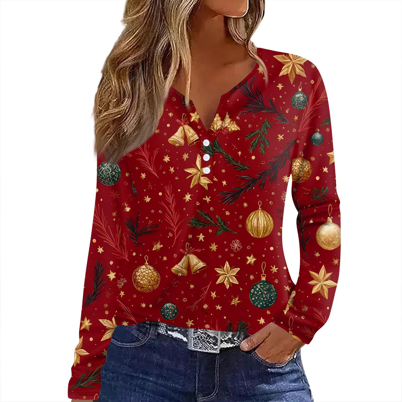 

Женская футболка с рождественским принтом на пуговицах с длинным рукавом, повседневная, выходного дня, модная, базовая, с V-образным вырезом, обычная M винный