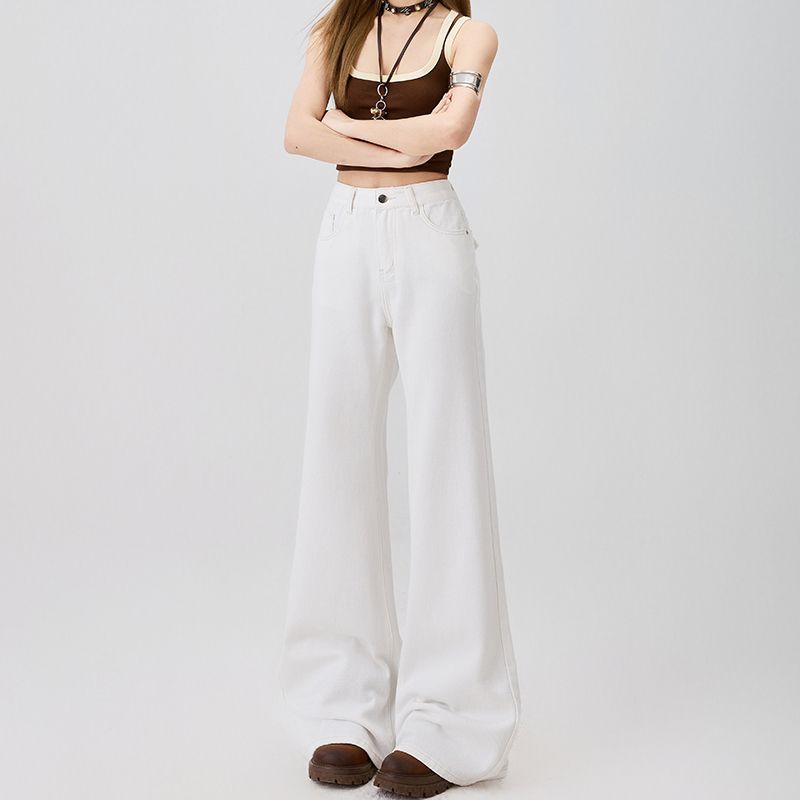 Spring Summer Off White High Waist Slim Horse Hoof Floor Flare Denim Pants For Women Casual Pants Oversize Denim Trousers