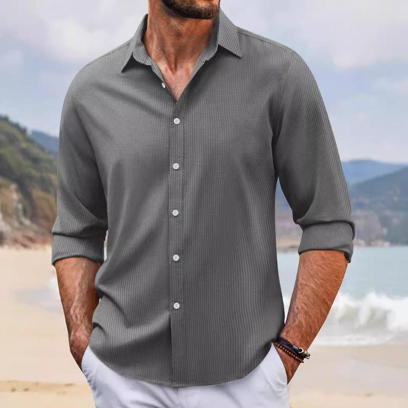 Spring and Fall Single-breasted Men's Long-sleeved Shirt with Lapel