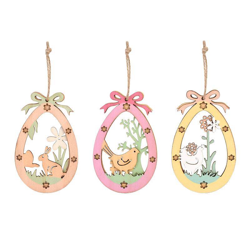 3Pcs Easter Cute Bunny Eggs Wooden Ornament Hanging Pendants with Rope 2025 Easter Home Decoration Kids Party Toy Gift Favors