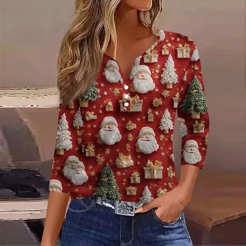 Women's Casual Fashion V-neck Loose Versatile Christmas Print Three-quarter Sleeve Top