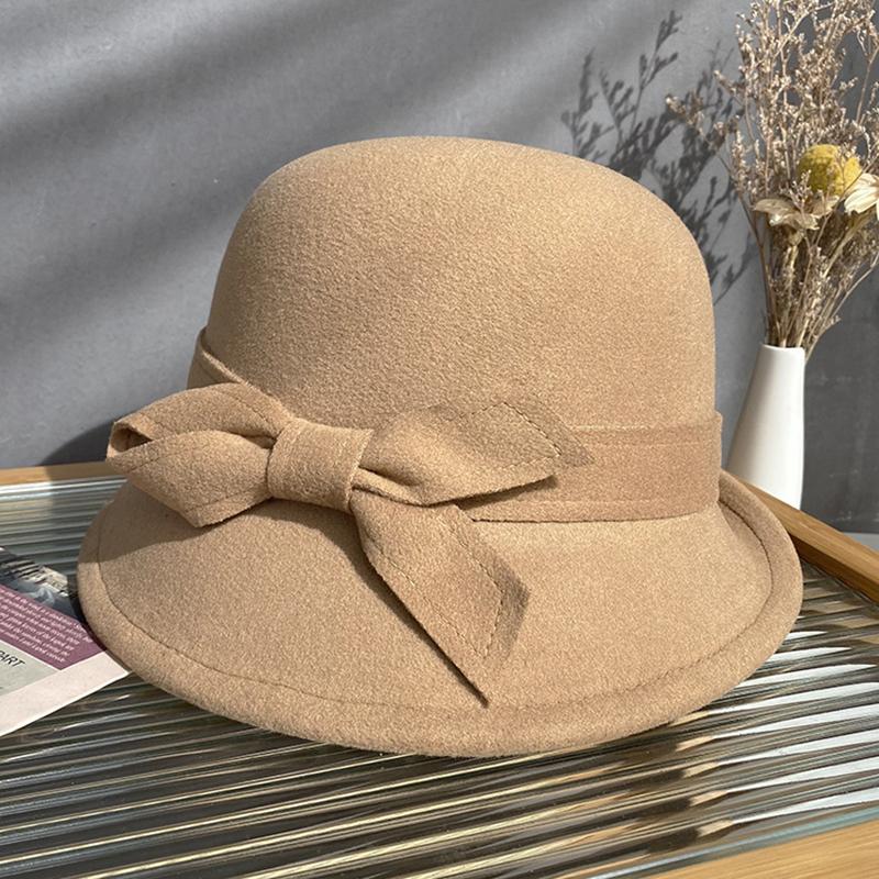 2023 Autumn And Winter New Bucket Basin Of Bowknot Wool Hat Female Warm Fashion Female Warm French Retro Fedoras Hat