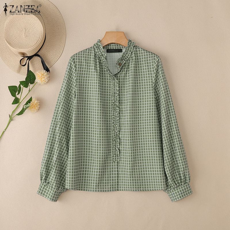 ZANZEA Women Grid Print Casual V-neck Loose Long Sleeve Blouse