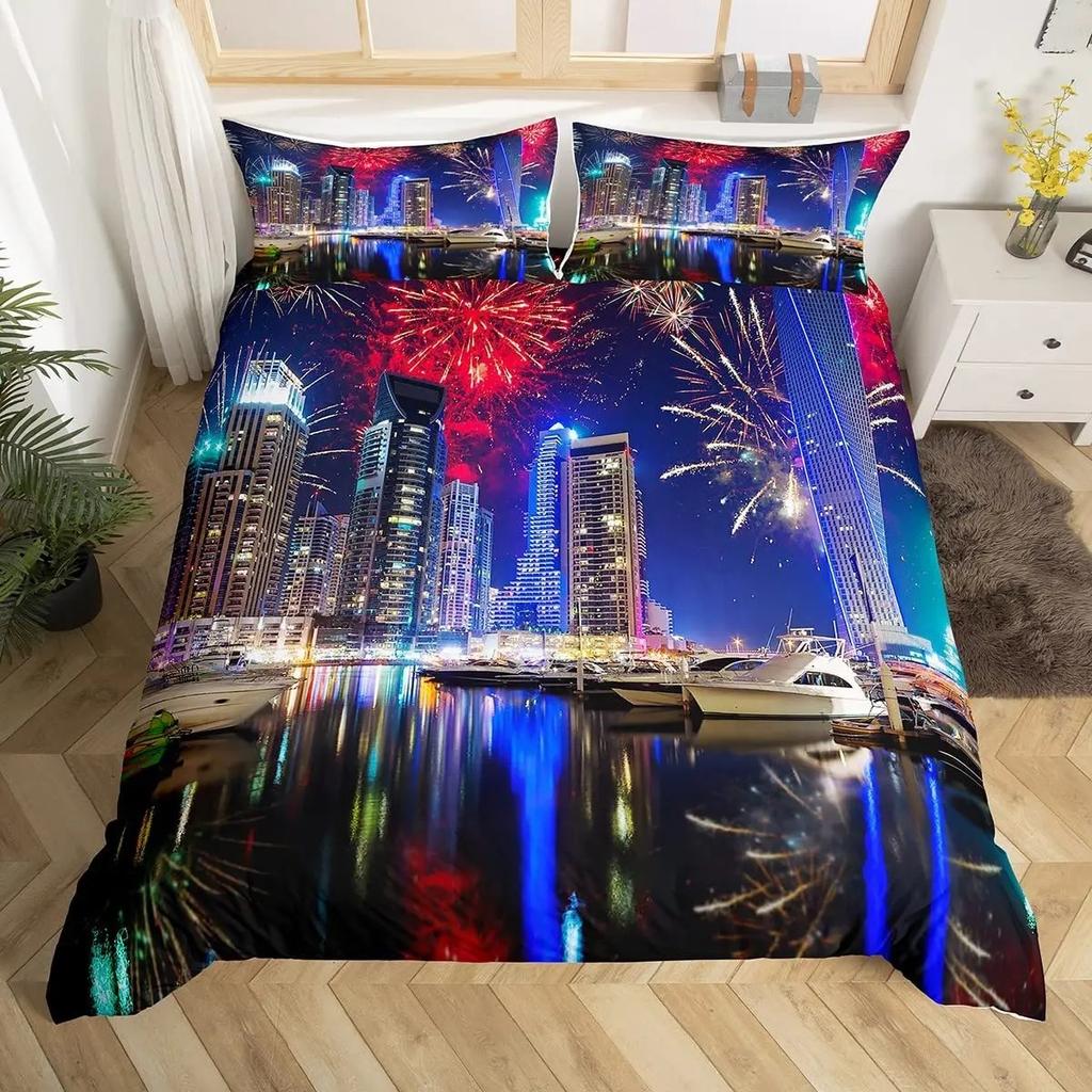 Fireworks Duvet Cover Fantasy Castle Bedding Set Prague Cityscape Comforter Cover Microfiber Magical Psychedelic Flowers Bed Set
