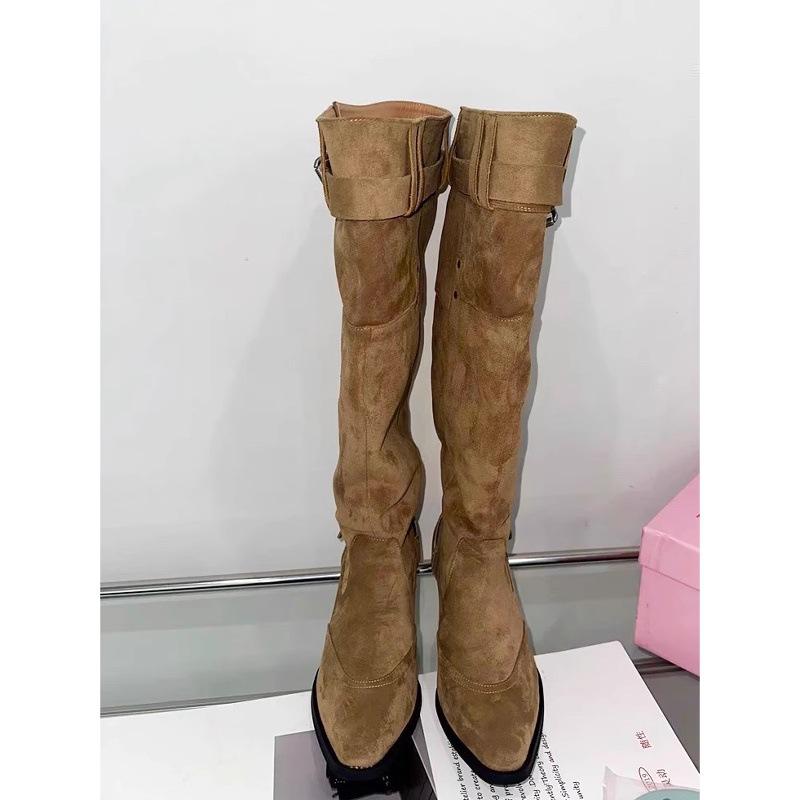 Cowhide Version of Large Tube Circumference Boots for Women, But Knee Thick Heel Knight Boots, Thin Pointed Belt Buckle Folds Piled Up