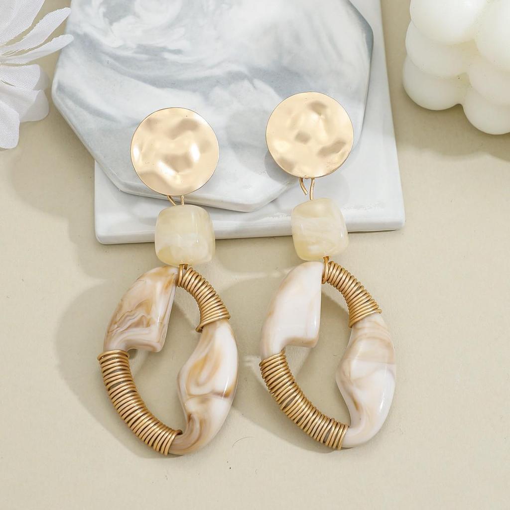 Retro High-End Deep Coffee Geometric Oval Long Earrings with Patchwork Wrapped Wire and Hammered Texture