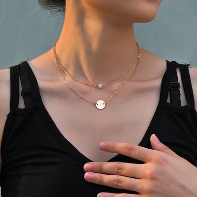 Personalized Geometric Disc Pearl Pendant Multi-layer Women Stacked Necklace