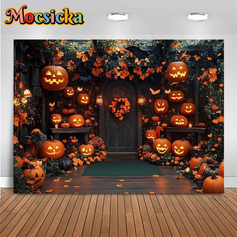 Mocsicka Halloween Backgrounds For Photography Terrible Pumpkin Party Backdrop Bat Flower Jack-O-Lantern Home Decorations Banner