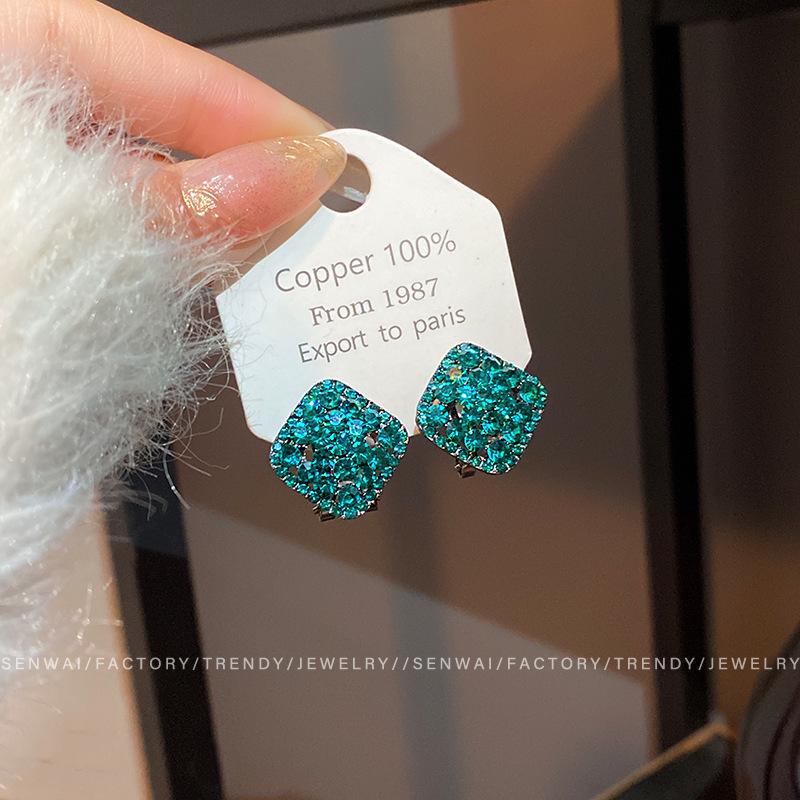 Green geometric diamond-set square stud earrings women's earrings temperament cold wind ears