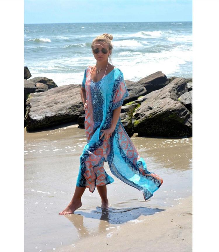 

Шифоновое голубо-розовое платье-халат для пляжа с вертикальной полоской для отпуска One Size