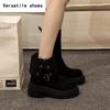 Vintage Winter Damen Motorradstiefel Mode Gürtelschnalle Mid-Calf Stiefeletten Plateau Dicke Ferse Lässige Damenschuhe