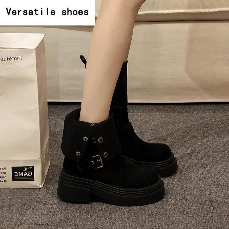 Vintage Winter Damen Motorradstiefel Mode Gürtelschnalle Mid-Calf Stiefeletten Plateau Dicke Ferse Lässige Damenschuhe