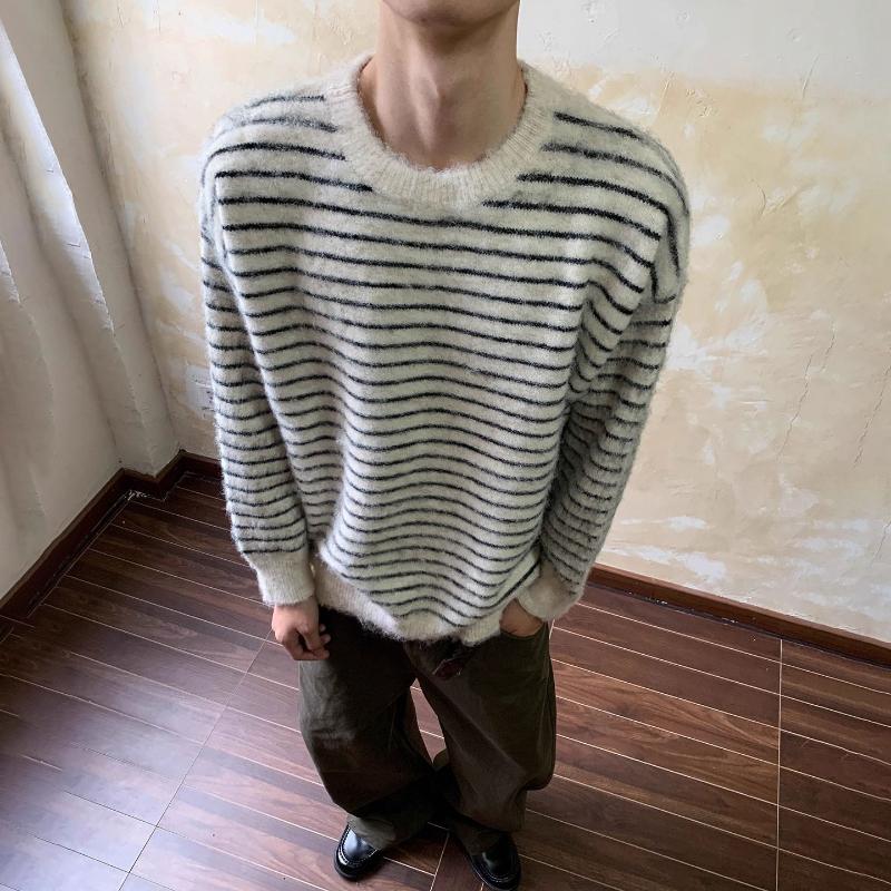 Men's Grey & Black Striped Crew Neck Oversized Knit Sweater Casual Loose Fit Pullover