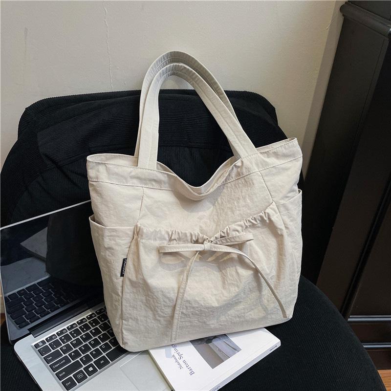 Fashionable Canvas Shoulder Handbag with Bow Accent and Wrinkled Texture – Large Capacity Tote/School Bag