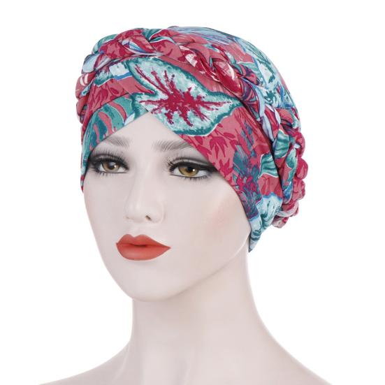 Women Headwrap Flower Print Braid Lady Stretchy No Brim Indian Hat for Four Seasons