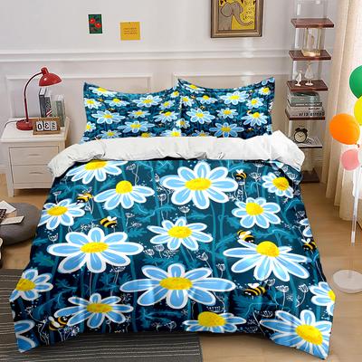 Blue Daisies with Bees Pattern Bedding Set for Kids Luxury Gift 3pcs Digital Print Comforter Set Soft Comfortable Breathable